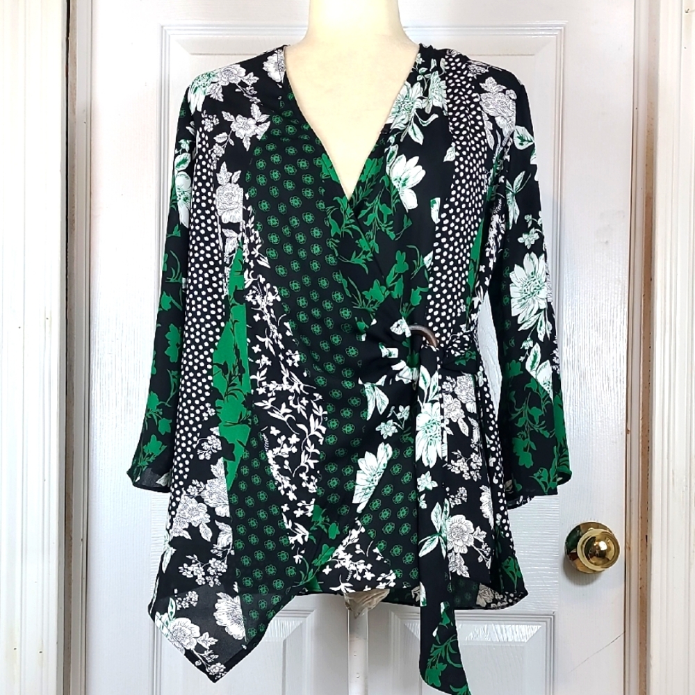 C Tie Front Mixed Print Blouse